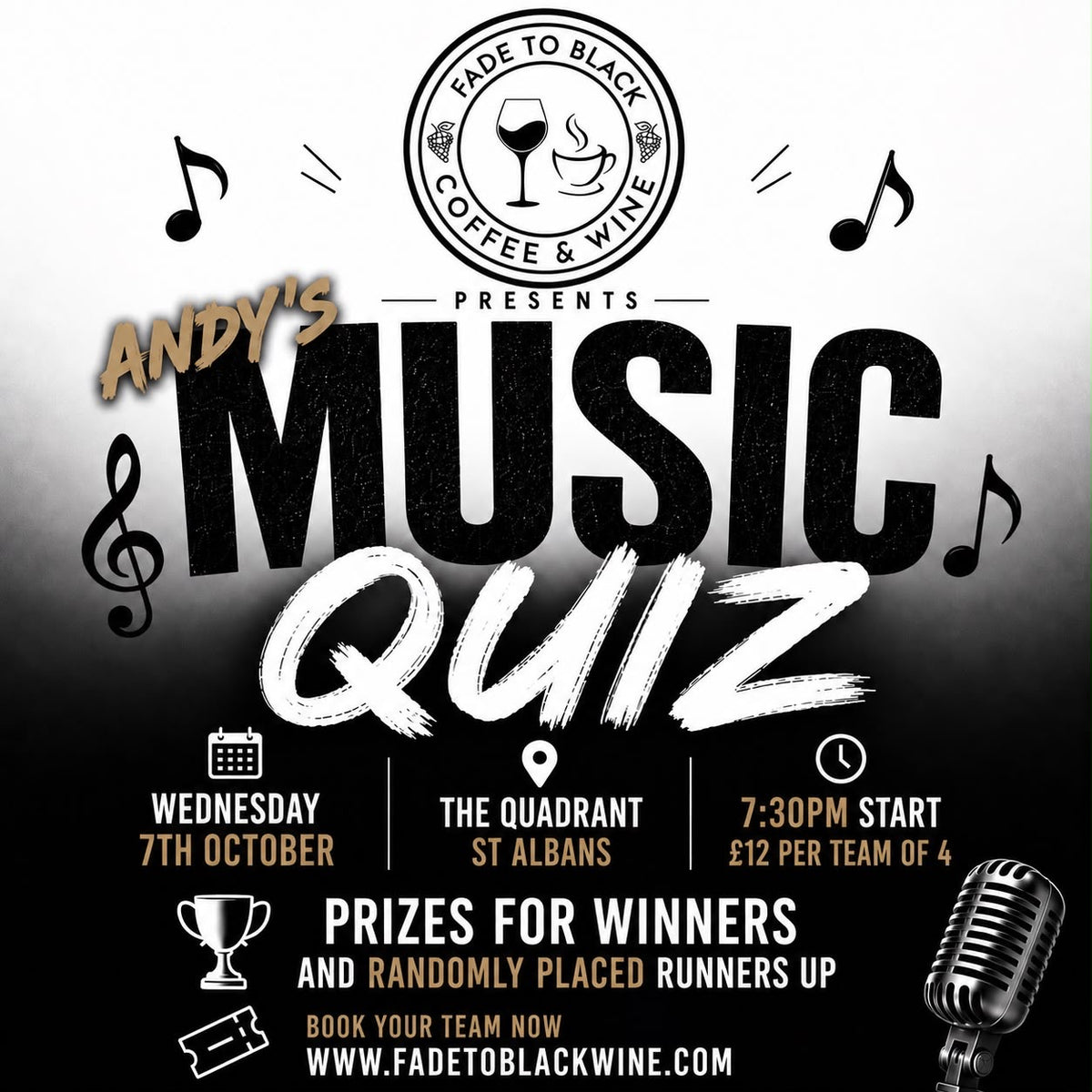 Andy's Music Quiz - Wednesday 7th October 2026 - Teams of 4