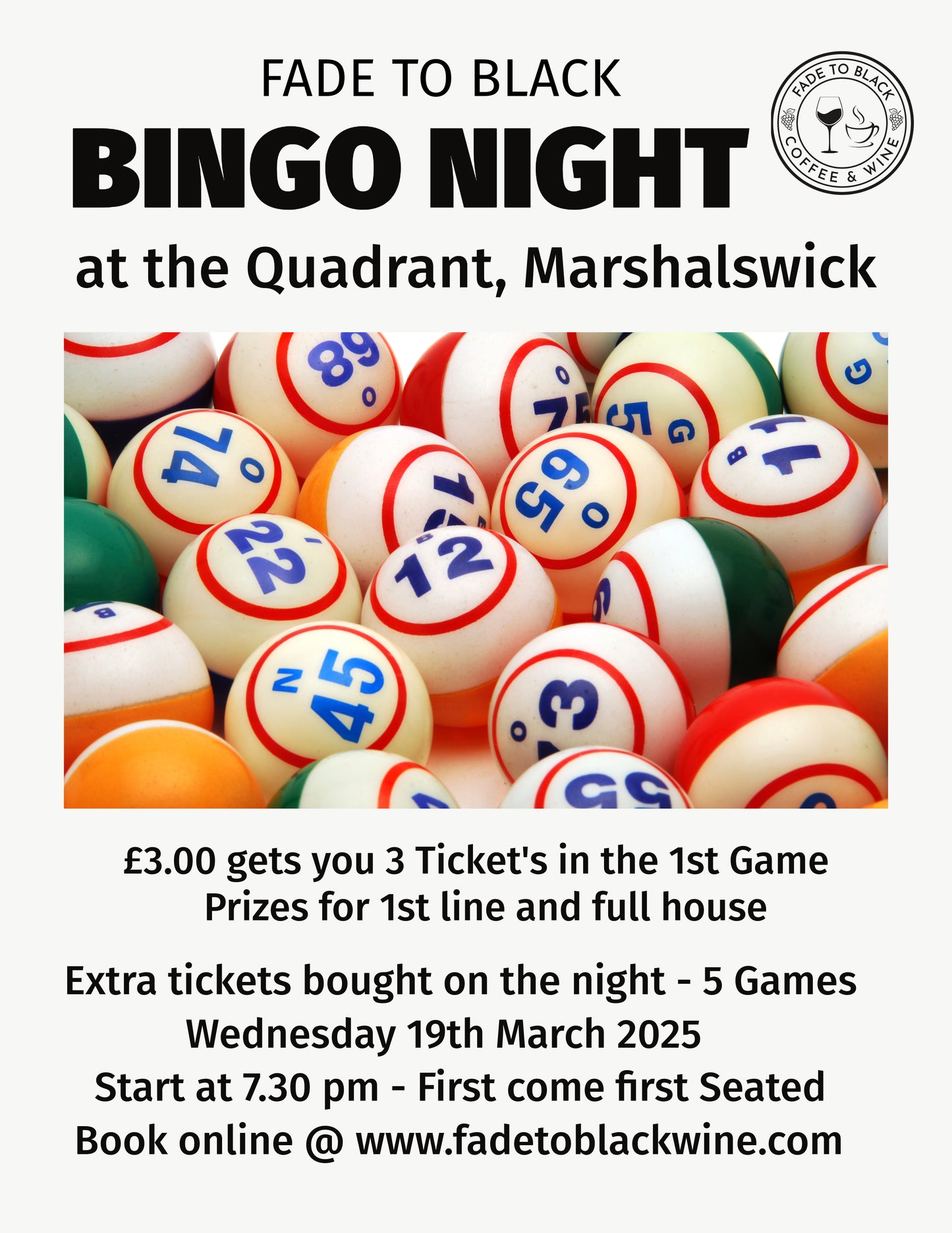 Bingo Night - Wednesday 19th March 2025 - One Person - Quadrant, Marshalswick